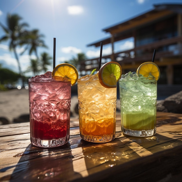 Cocktails on a wooden table with a beach house in the background.