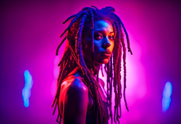 Photo cocky girl with dreadlocks in ultraviolet neon light