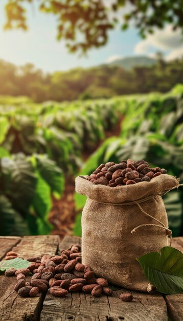 Cocoa Beans in Burlap Bag on Wooden Surface