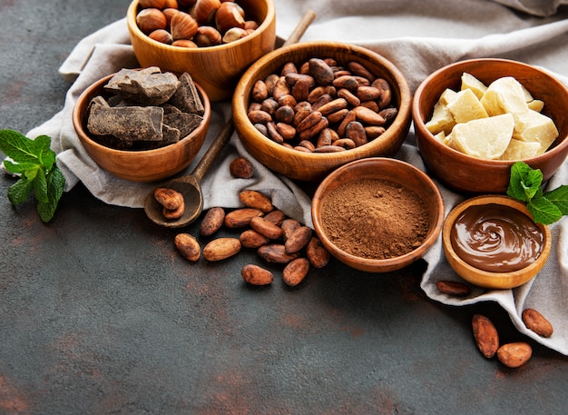 Cocoa beans, butter and chocolate