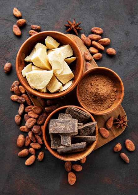 Cocoa beans, butter and chocolate