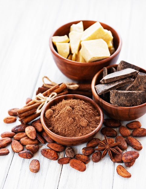 Cocoa beans, chocolate, powder and butter