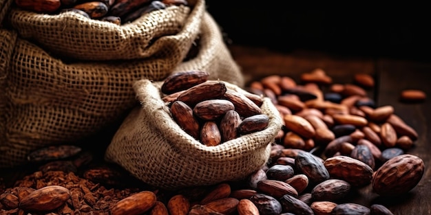 Какао-бобы и какао-бобы высыпаются в мешковину Органический свежий сельскохозяйственный продукт