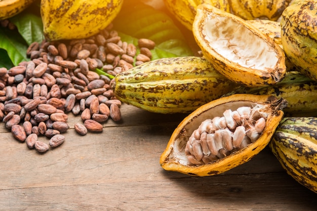 Cocoa beans and cocoa pod on a wooden surface