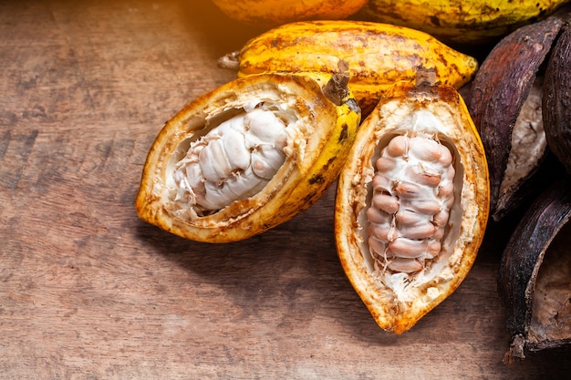 Cocoa beans and cocoa pod on a wooden surface.