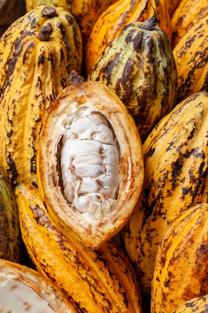 Cocoa beans and cocoa pod on a wooden surface.