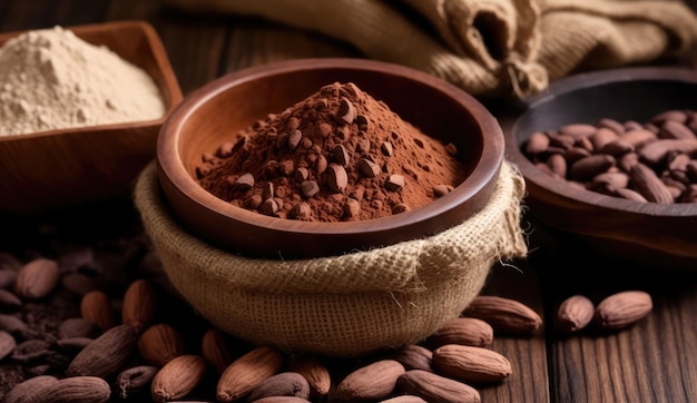 Cocoa beans and cocoa powder in a bowl Concept of harvest chocolate