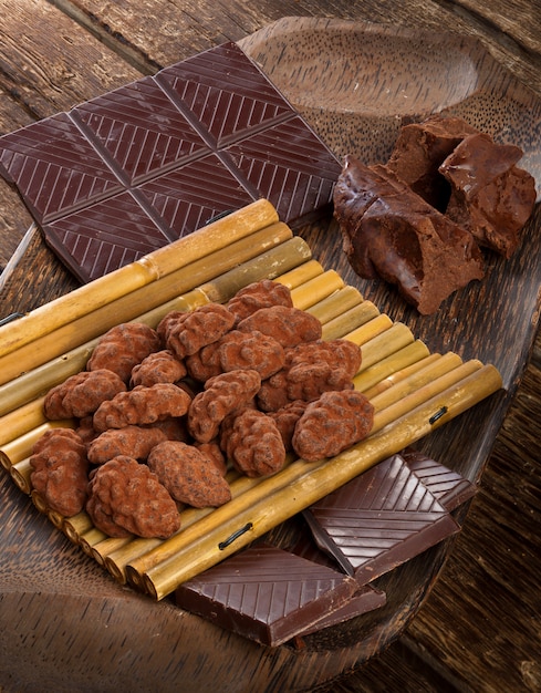 Cocoa beans, dark chocolate and chocolate truffles