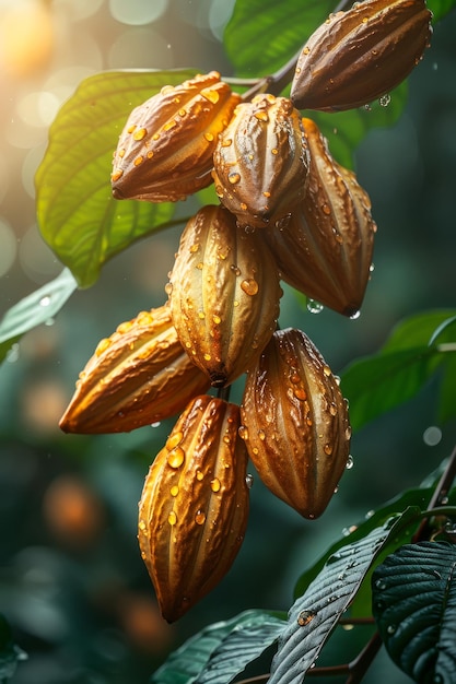 Cocoa Beans Fresh cocoa pod cut exposing cocoa seeds with cocoa plant in background