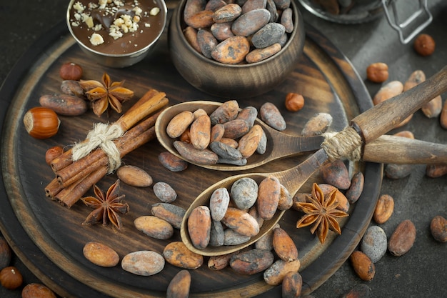 Cocoa beans on an old background.