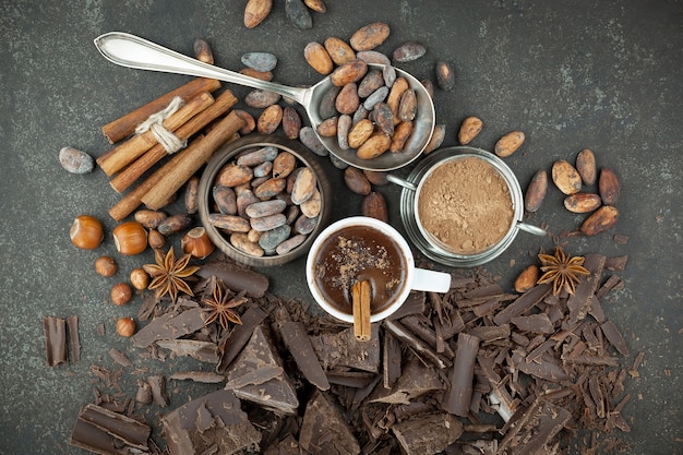 Cocoa beans on an old background.