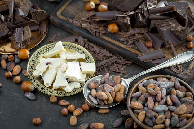 Cocoa beans on an old background.