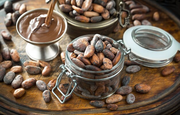 Cocoa beans on an old background.