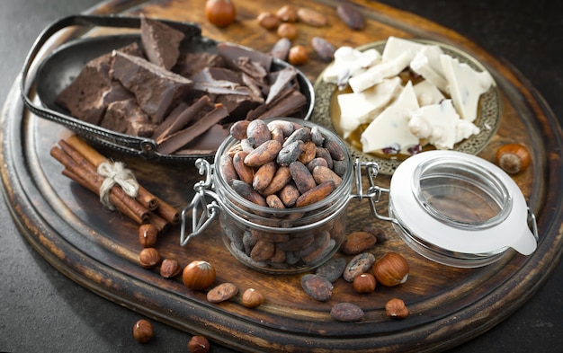 Cocoa beans on an old background.