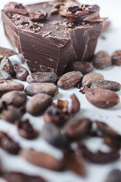 Cocoa beans with chocolate on a white background Shalllow dof