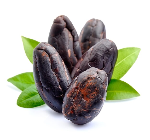 Cocoa beans with leaves close up on white