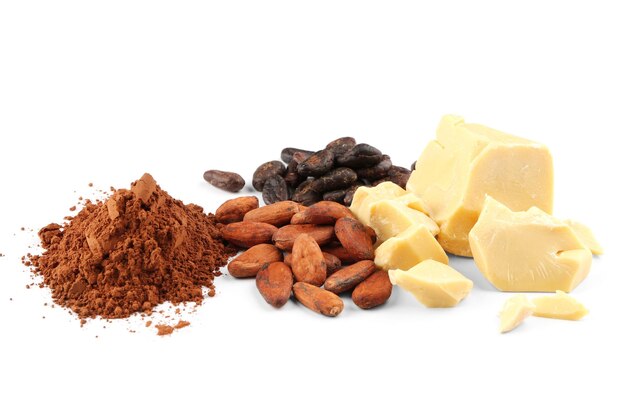 Cocoa butter powder and beans on white background