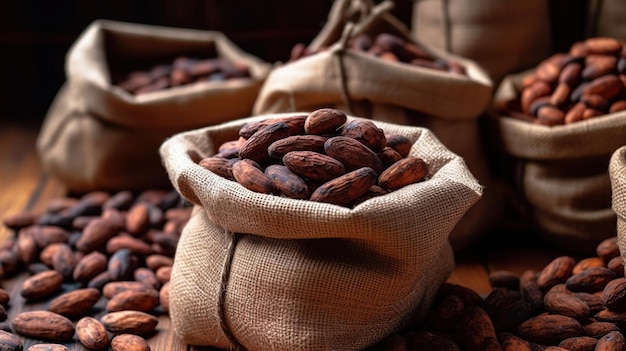 Cocoa cacao beans in sackcloth bag on a wooden table Generative Ai