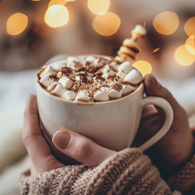 Photo cocoa cup with marshmallows wafer sticks chocolate drink in hands closeup holiday winter dessert