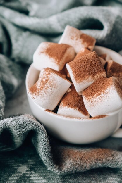 Cocoa drink with marshmallow and cacao powder on cozy winter\
sweater background. christmas lights. winter holiday home\
atmosphere. holiday new year greeting card