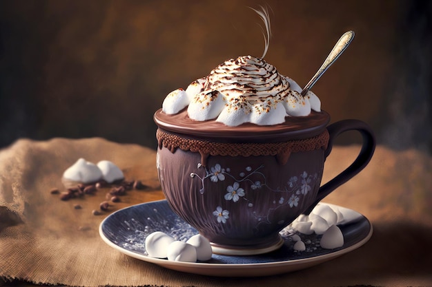 Cocoa hot chocolate red cup with mound of marshmallows and whipped cream