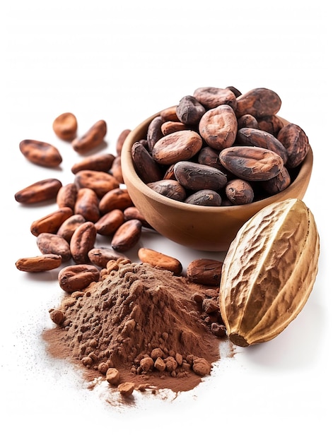 Cocoa ingredients with cocoa beans fresh cocoa pod and cocoa mass isolated on white Generative AI