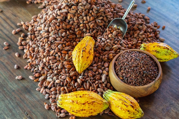 Cocoa nibs and cocoa fruit on wooden table