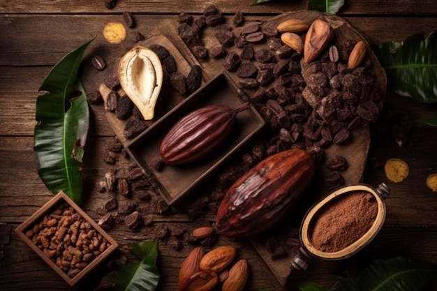 Cocoa pod products on table Generate Ai