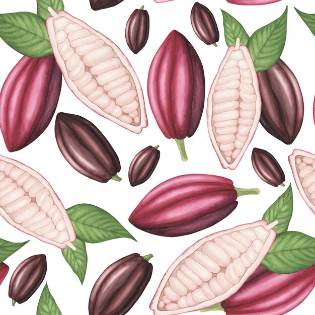 Foto baccello di cacao con foglie di fagioli motivo senza cuciture su bianco illustrazione del disegno a mano ad acquerello arte per il design decorativo