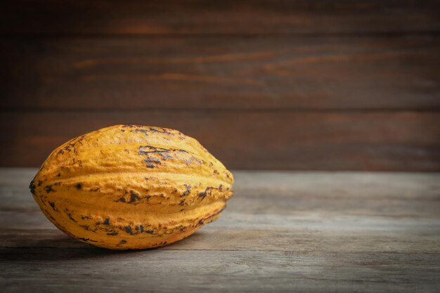 Cocoa pod on wooden table