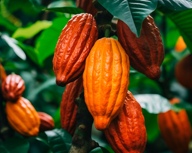 Cocoa pods on tree with copy space ai generated