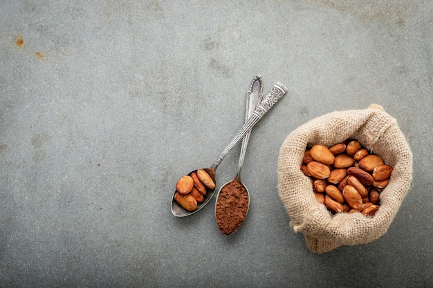 Cocoa powder and cacao beans on concrete background.