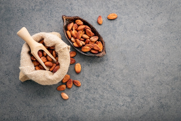 Cocoa powder and cacao beans on stone background.