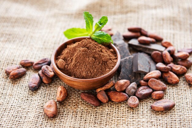 Cocoa powder chocolate and beans