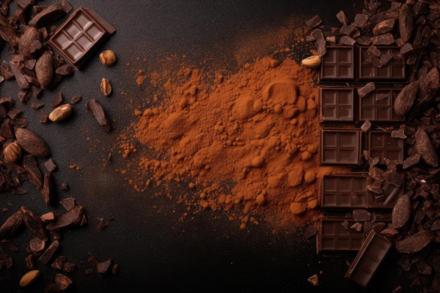 Cocoa powder chocolate and cocoa beans on black background Chocolate background with chocolate bars chips and cocoa powder overhead AI Generated