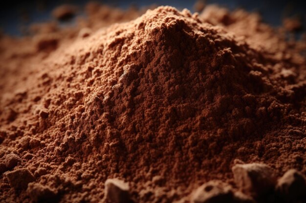 Polvere di cacao su uno sfondo scuro focalizzazione selettiva profondità di campo poco profonda