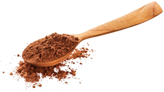 Cocoa powder in spoon isolated on white 