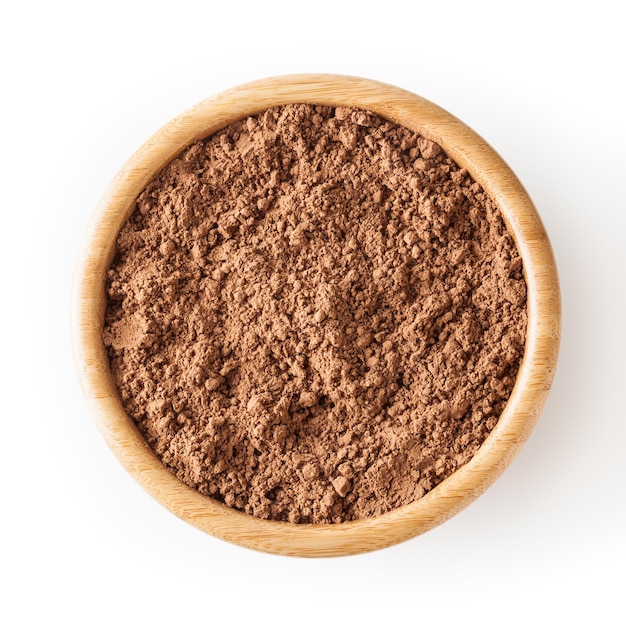 Cocoa powder in wooden bowl isolated on white background with clipping path