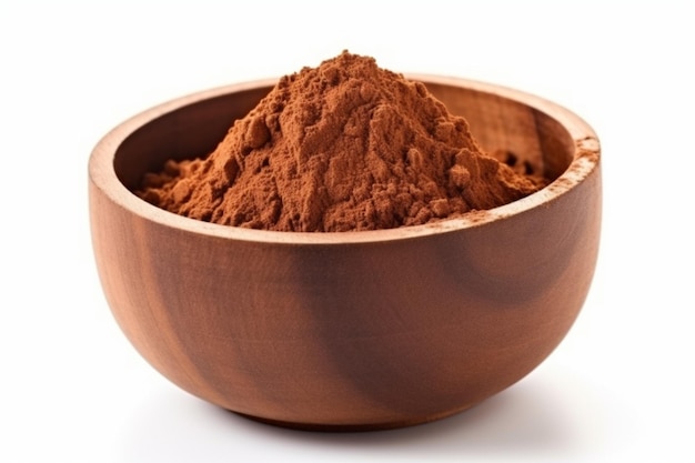 Cocoa powder in wooden bowl isolated on white