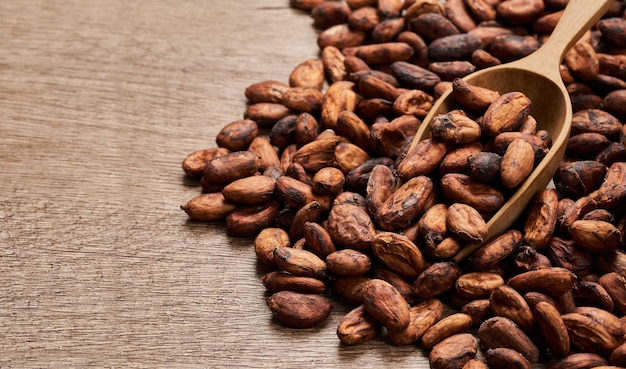 cocoa seed or cacao beans with wood scoop in wooden table background