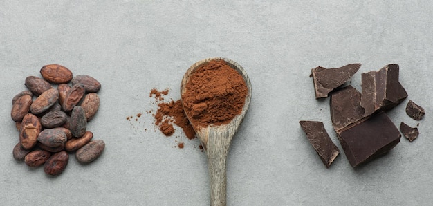 Foto cucchiaio di cacao cioccolato fondente e fave di cacao su uno sfondo di cemento grigio