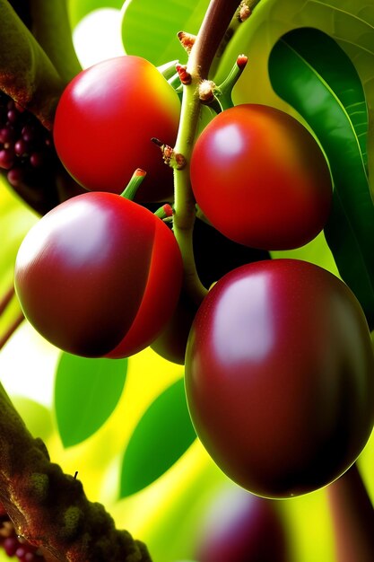 Cocoa tree with ripe fruits closeup