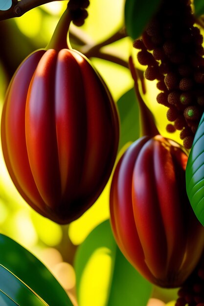 Cocoa tree with ripe fruits closeup