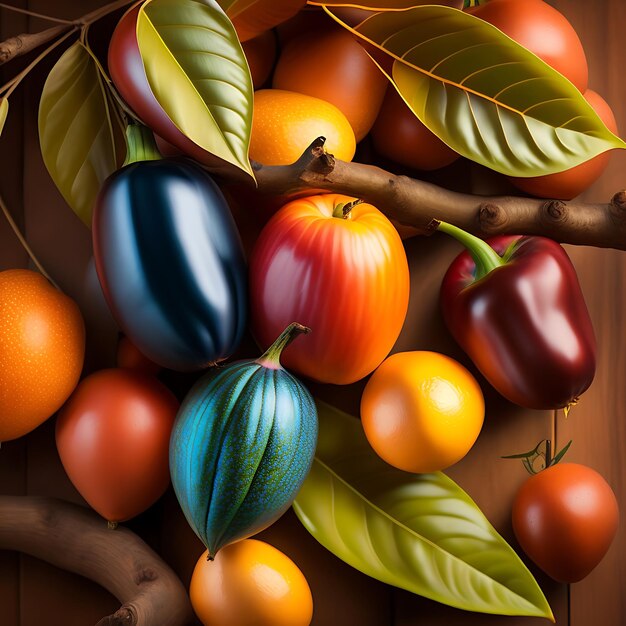 Cocoa tree with ripe fruits closeup