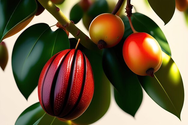 Дерево какао со спелыми фруктами крупным планом