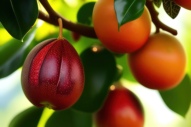 Cocoa tree with ripe fruits closeup