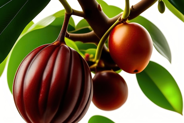 Cocoa tree with ripe fruits closeup