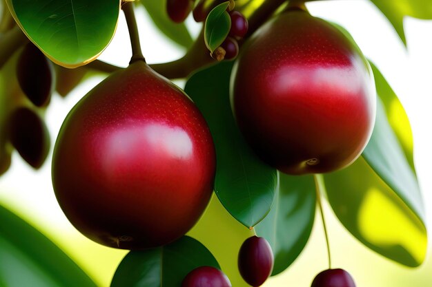 Cocoa tree with ripe fruits closeup