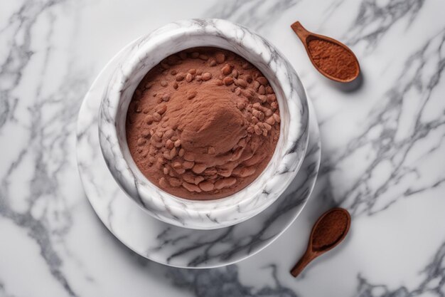 cocoa in a white marble bowl on a white marble table beautiful realistic perfectly detailed shot