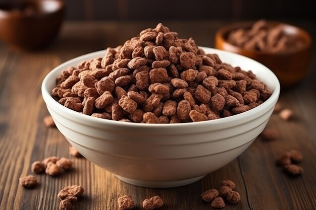 Cocoaflavored corn flakes in white bowl